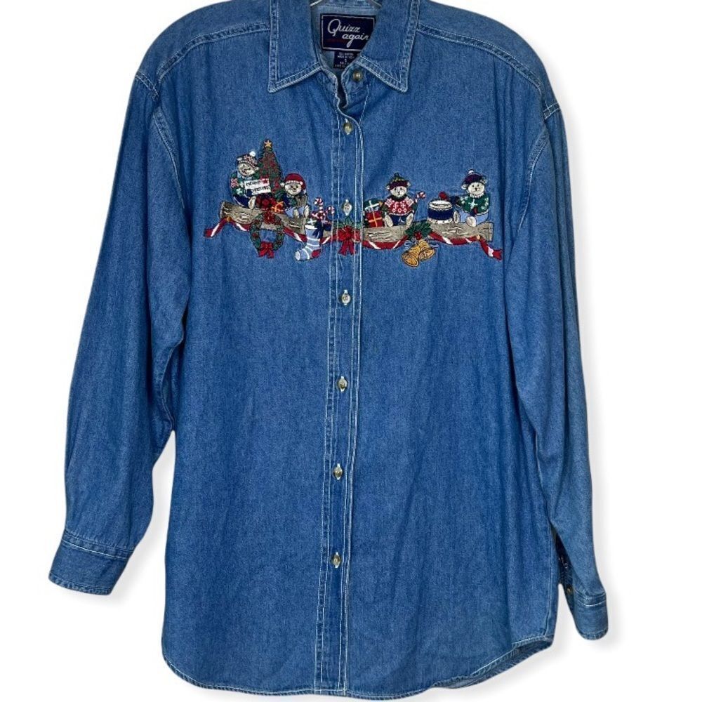 Vintage Quizz Again Denim Embroidered Christmas Bear Shirt